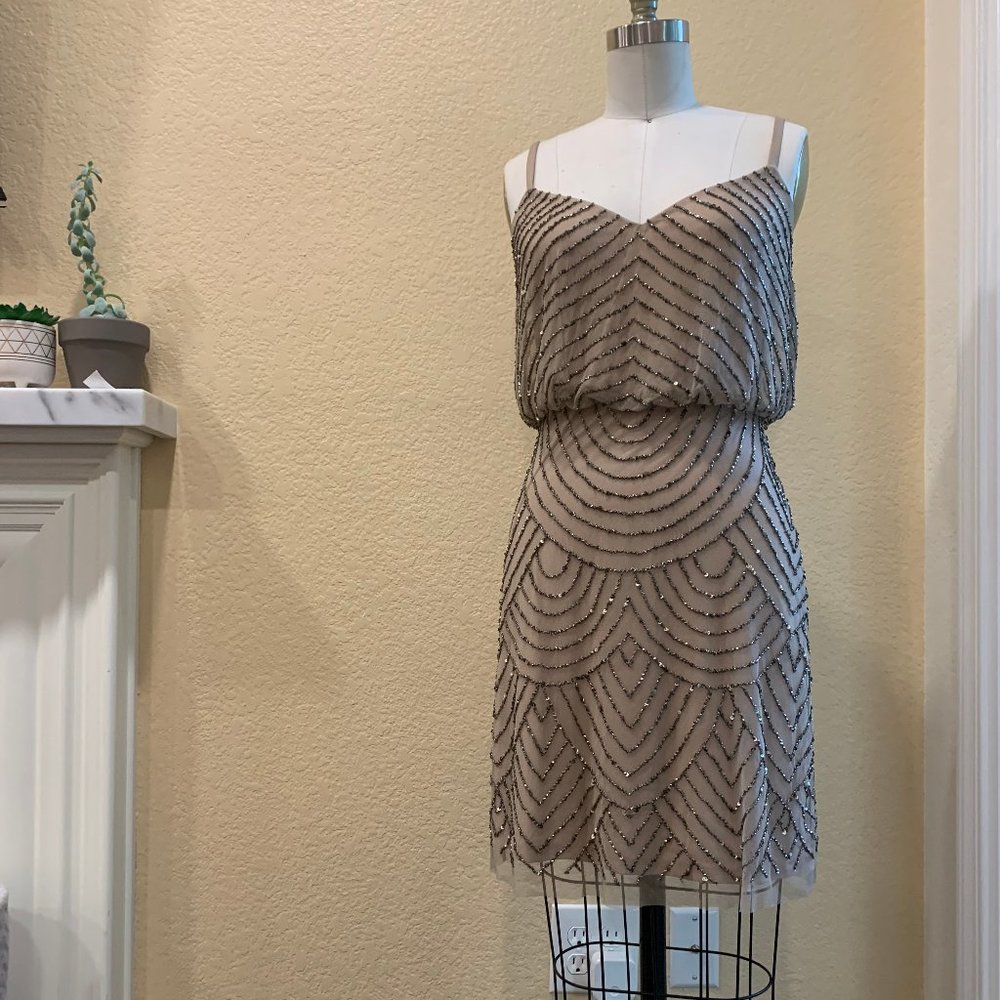 Adrianna Papell Taupe Beaded Mini Dress Size M